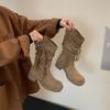 Mi Ting Retro Woven Fringed Boots Thick Heel Thin Medium Boots Egyptian Boots 2025 Autumn and Winter New Thin Stacking Boots