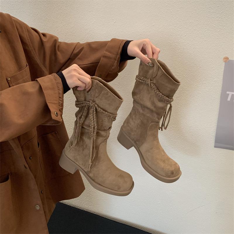 Mi Ting Retro Woven Fringed Boots Thick Heel Thin Medium Boots Egyptian Boots 2025 Autumn and Winter New Thin Stacking Boots