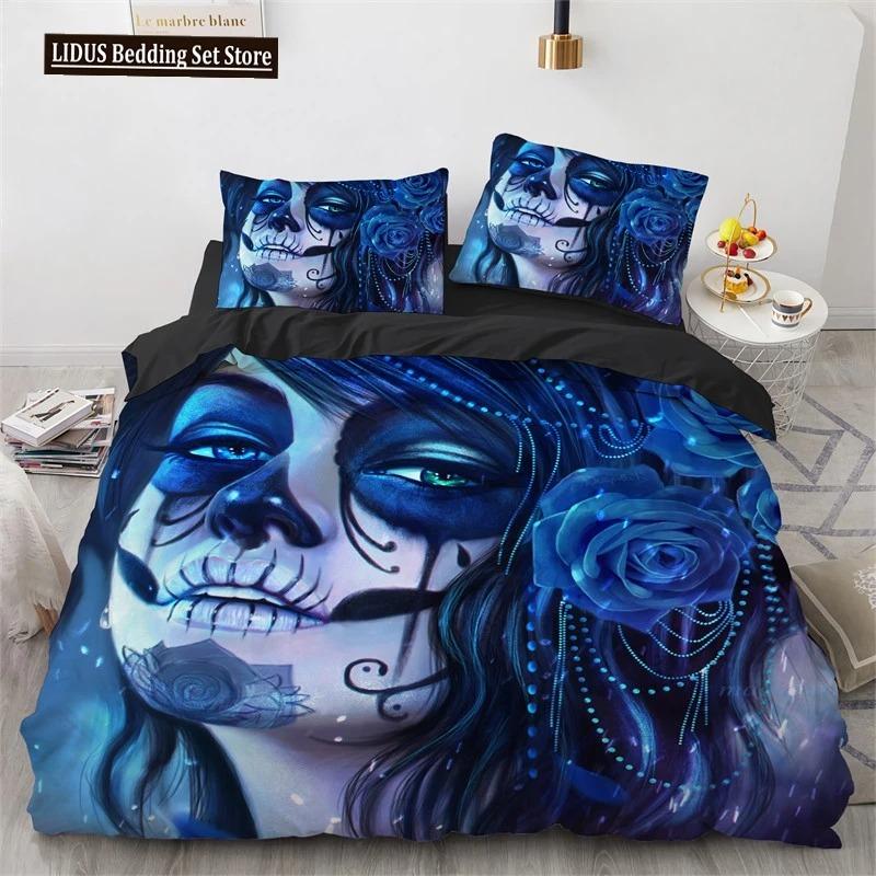 Skull Duvet Cover Queen Size Microfiber Vintage Sugar Skull Girl Day Of The Dead Bride With Dark Color Roses Graphic Bedding Set