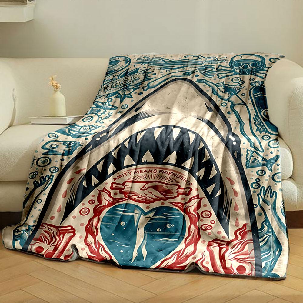 A Shark with Open Jaws Surrounded by Ocean-themed Illustrations and Symbols. for All Seasons Blanket Lunch Break Throw Gift
