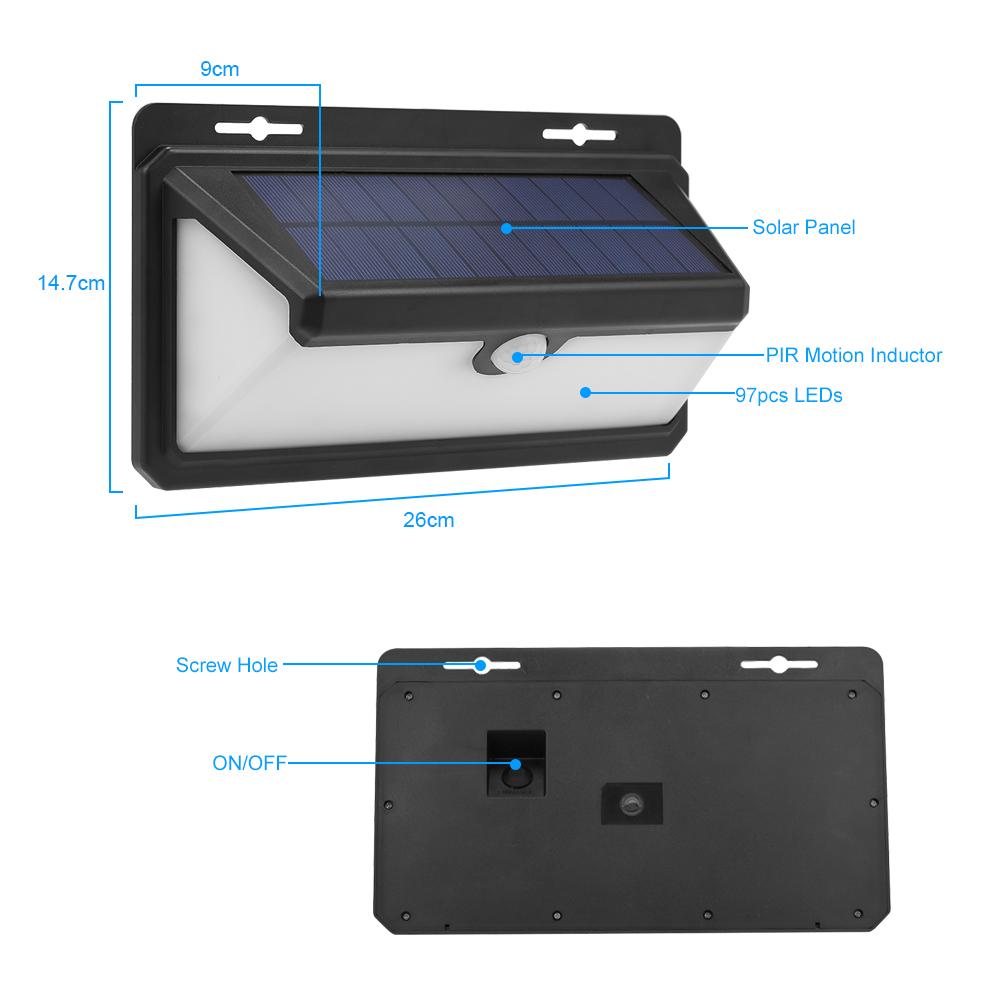 Solar Sensor Wall Lights, 97 LEDs Waterproof Solar Powered PIR Motion Sensor Energy Saving Night Lights for Garden, Fence, Patio, Driveway