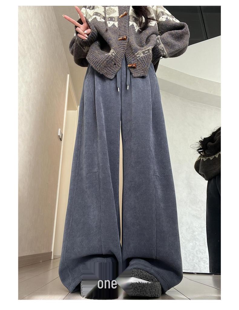 Women's High-Waisted Gray Corduroy Wide-Leg Pants - Autumn/Winter Plus Velvet Thickened Long-Leg Sports Sweatpants
