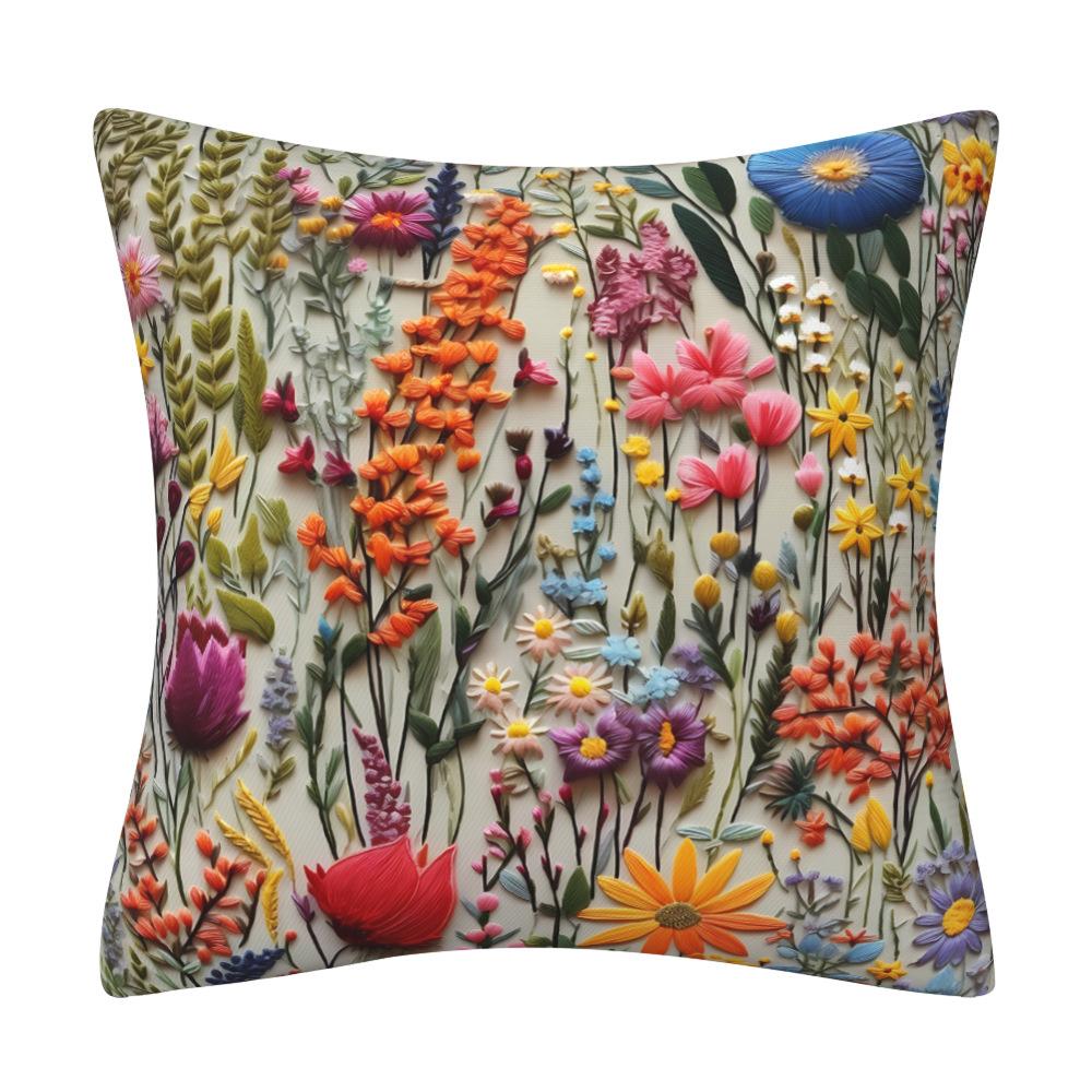 Vibrant 3D Printed Wildflower Meadow–Colorful Boho Floral Decorative Throw Pillow Cover Cotton Linen Cushion Cover