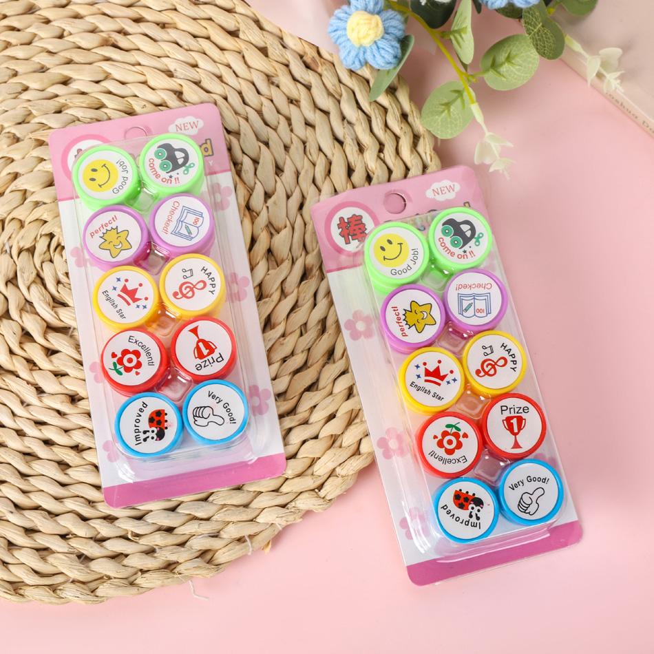 10pcs Assorted Stamps for Kids Self-ink Stamps Children Toy Stamps Smiley Face Seal Scrapbooking DIY Painting Photo Album Decor