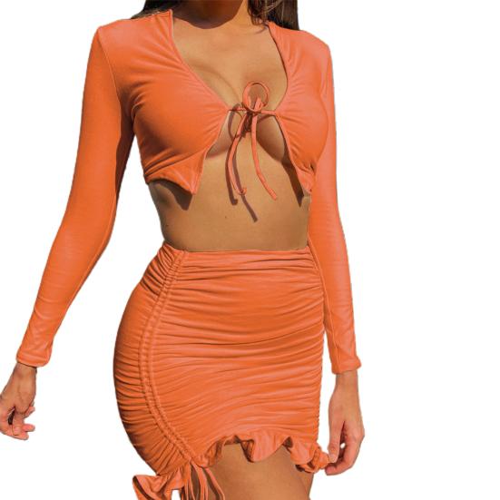 

Yousheng Наряд Однотонный Длинный Женский Кроп-Топ с Рукавами Сексуальный Комплект с Рюшами и Кулиской Для Весны Два Подходящих Предмета L оранжевый