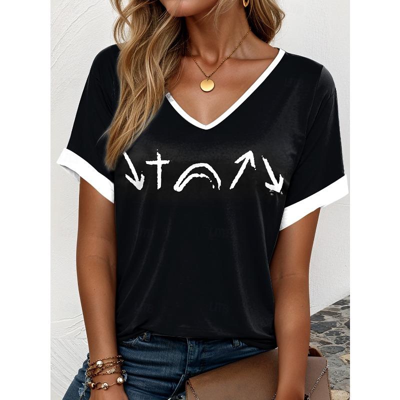 Camiseta Casual para Mujer con Estampado de Rayas Manga Corta Tops Regular Cuello en V Diaria Blanco y Negro Verano