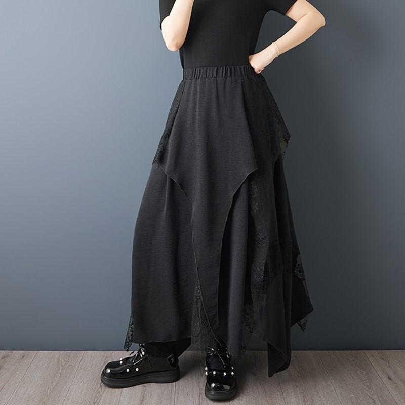 Plus Size Black High Waist Vintage Lace Mesh Patchwork Summer Casual Loose Long for Woman Skirts Womens Skirt