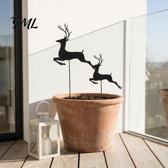 Decorative Flower Pot Sign 2Pcs/Set Christmas Elk Garden Stake, Black Reindeer Silhouette Yard Art, Iron Animal Lawn Holiday Deer Bed for Outdoor