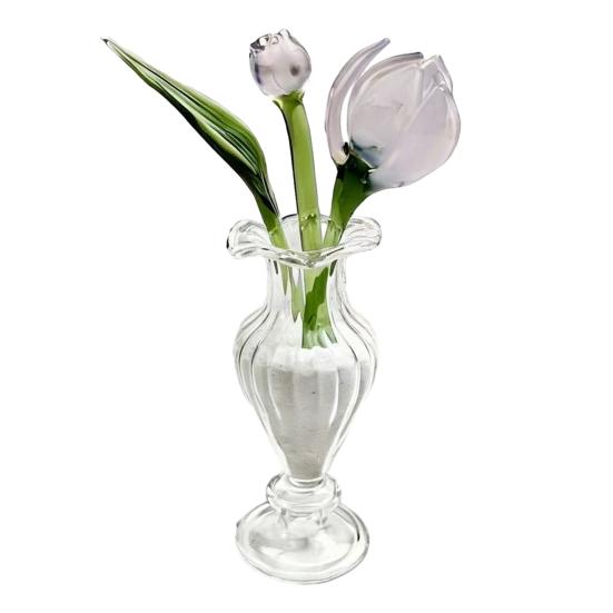 Mini Glass Flower Figurine Hand Blown Small Faux Crystal Carnation/Lily/Peony Flower Bouquet in