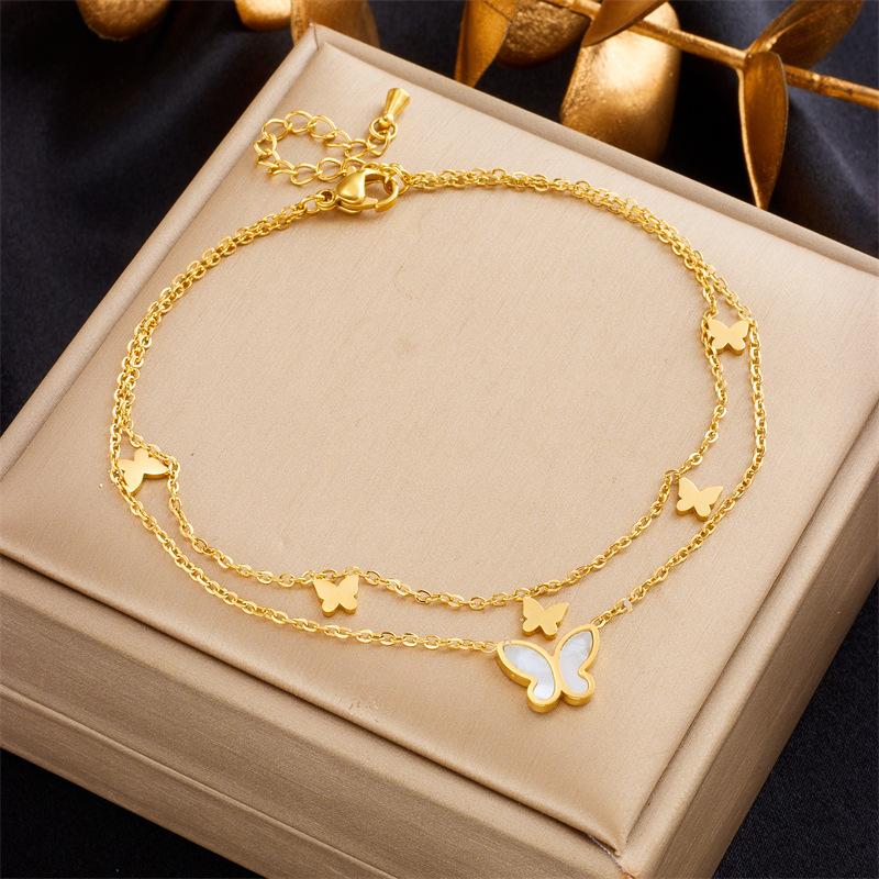 Fashion Niche Simple Versatile Titanium Steel Heart Butterfly Pearl Charm Anklet