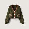 Women's Dark Green Knit Cardigan with Fox Embroidery and Puff Sleeves