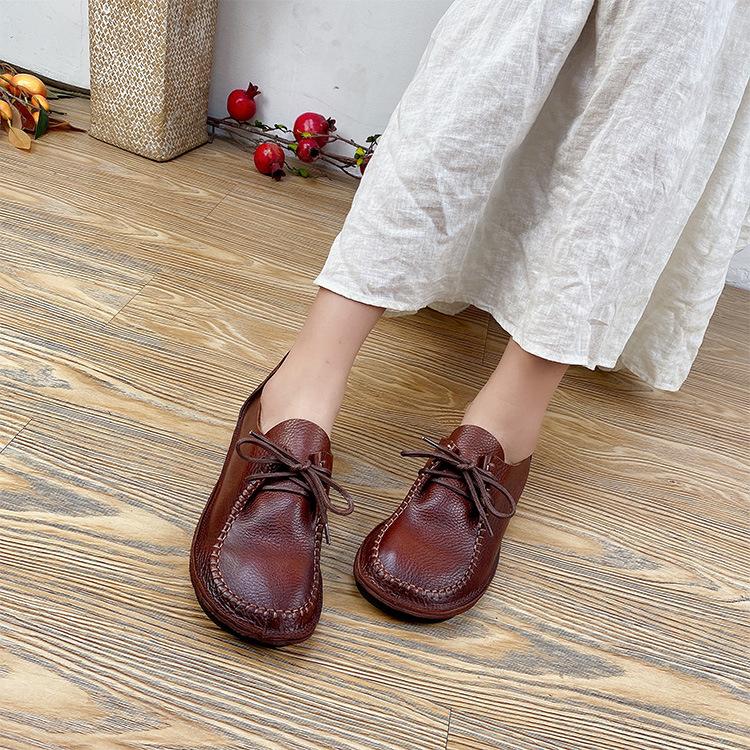 

Johnature, женская обувь на плоской подошве из натуральной кожи, удобная обувь ручной работы с круглым носком и мягкой подошвой на шнуровке в стиле ретро 36 кофейный