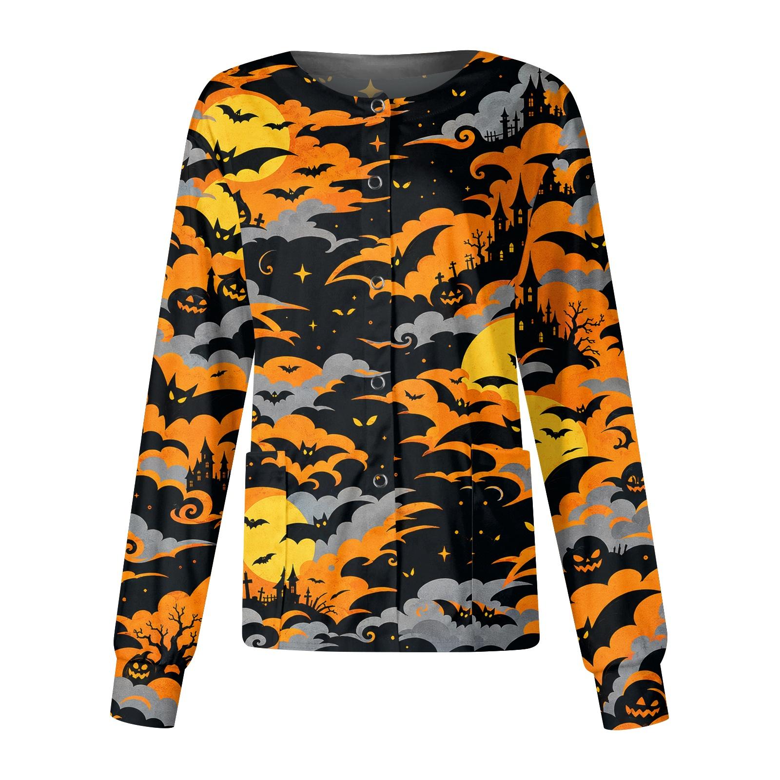 Women s Halloween Print Long Sleeve Cardigan Scrub Top with Button Front M