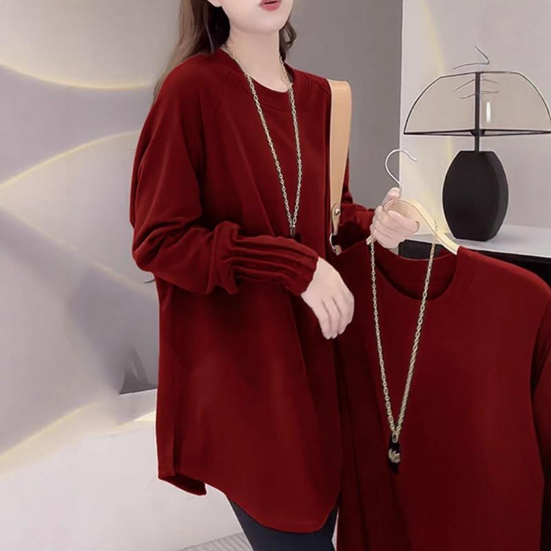 Autumn Winter Solid All-match T-shirt Women Long Sleeve Warm Pullover Top Female Solid Color Loose Casual Tee