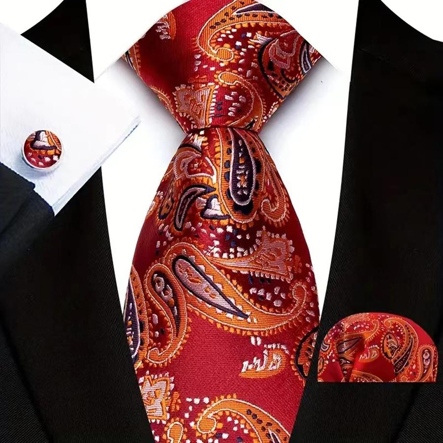 Red Striped Paisley Solid Floral Wedding 8CM Tie For Men Design Mens Necktie Hanky Cufflink Set For Daily Wear Business Party