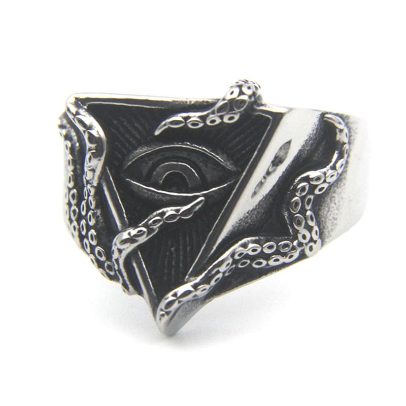 Clear Stone Zircon Feather Ring Stainless Steel Retro Punk Style God Eye Squid Ring 7
