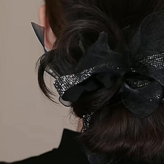 Women Hair Band Organza Bow Hair Rope Sparkling Rhinestones Decor Ponytail Holder Hair Styling Tool Hair Accessories