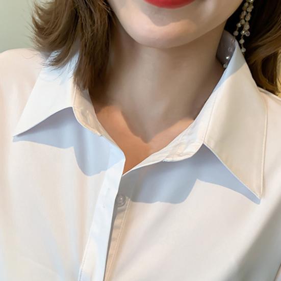 Camisa de mujer con solapa, manga larga, estilo largo medio, color liso, botones, tapeta, informal, corte regular, uso diario