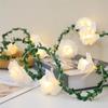 1pc White Rose With Green Leaf Vine String Light Courtyard Garden Decorative Lamp Battery Operated Suitable For Home Decor