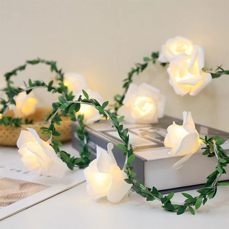 1pc White Rose With Green Leaf Vine String Light Courtyard Garden Decorative Lamp Battery Operated Suitable For Home Decor