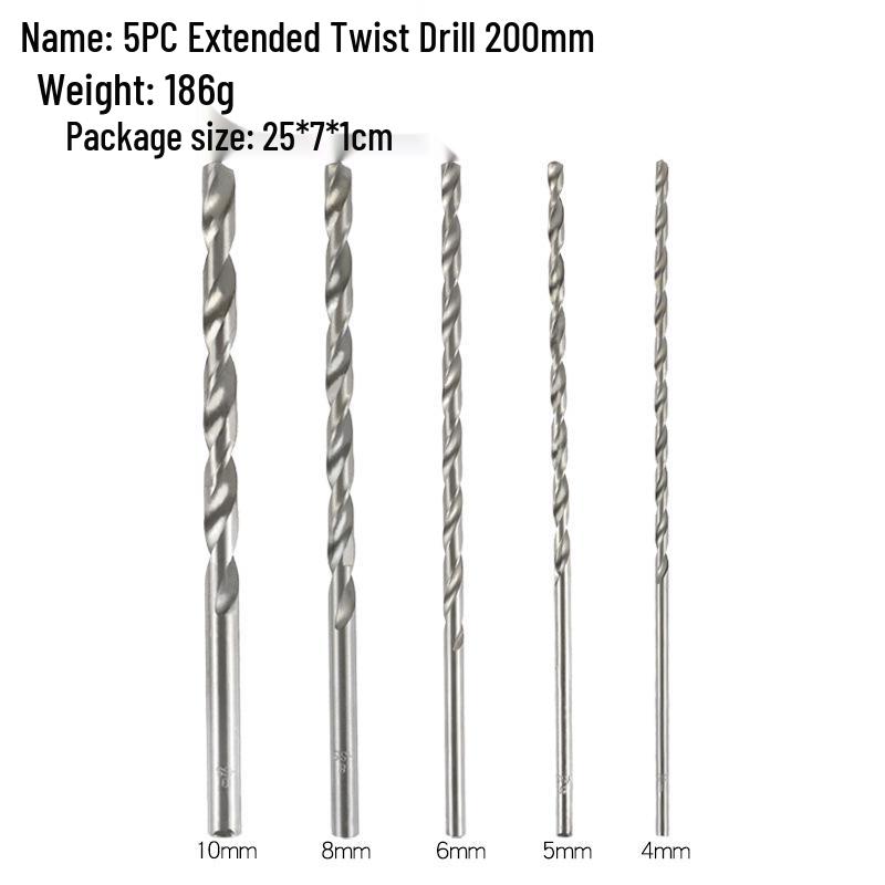 High-Speed Steel Extended Twist Drill, Straight Shank, 150mm/200mm Length