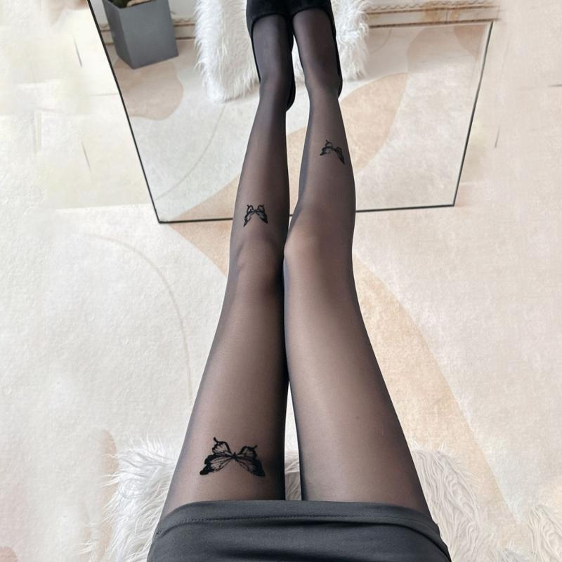 Womens Butterflies Jacquard Patterned Black Tights Stockings Ladies Sexy See-Through Silky Pantyhose Hosiery Clubwear