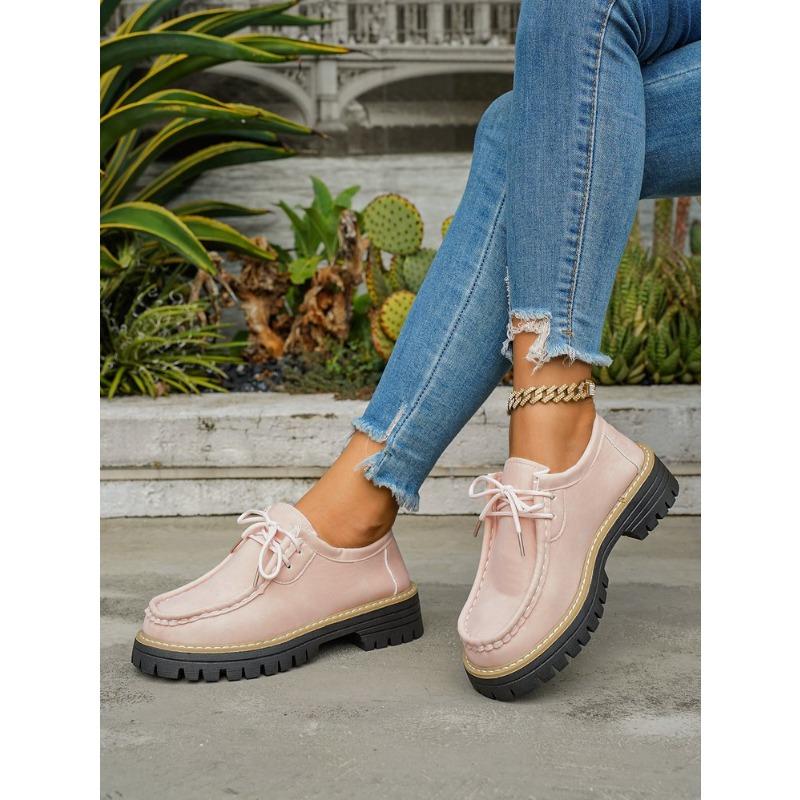 Women's Block Heel Non Slip Lace Up Leather Shoes Spring Autumn Solid Color British Style Loafers