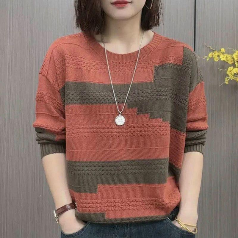 Maglione Girocollo Color Block Moda Blusa Premium Primavera Autunno Ampio Versatile Top in Maglia