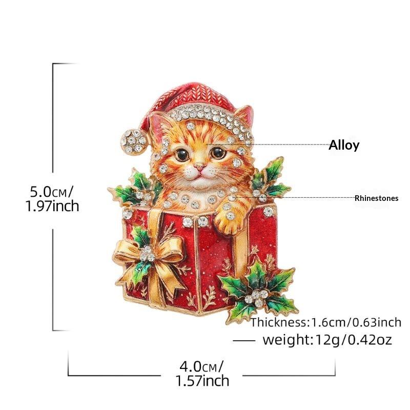 Cute Christmas Cat Brooch Rhinestone Decor for Women Fashion Lapel Pin with Gift Box for Valentine's Day Gifting
