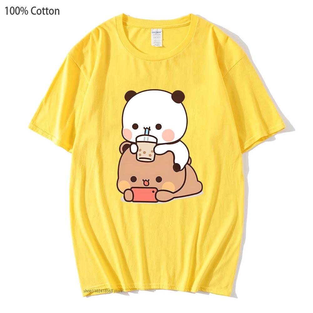 Bubu Is Watching Dudu While He Playing Games T-Shirts Cute Panda Bear Cartoon Tshirts Women Funny Top Kawaii Clothes