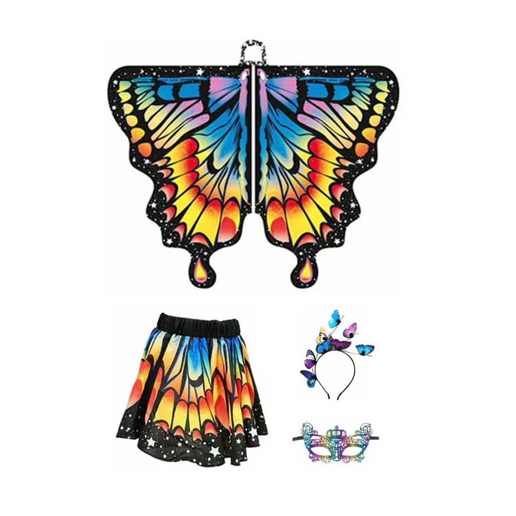 Schmetterlingsumhang für Kinder, Performance, Cosplay, buntes Feenflügel-Kostüm mit flatternden Ärmeln, mehrlagigem Saum, Karnevalsrock, Halloween-Stirnband, Maske