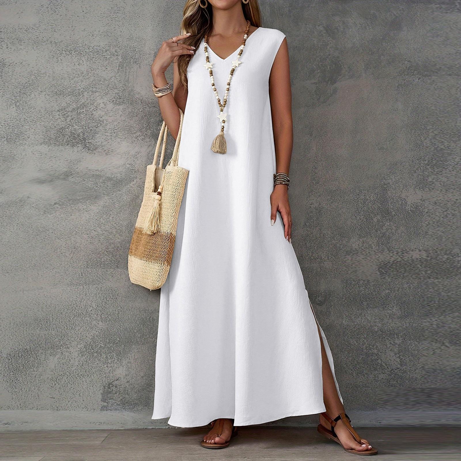

Женские повседневные элегантные длинные платья без рукавов с V-образным вырезом и разрезом по бокам XL белый