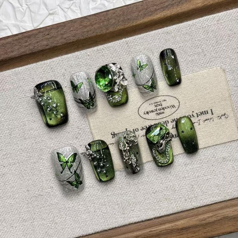 Green Butterfly Short Almond Press-On Nails Handmade Artificial Nail Tips Women Girls