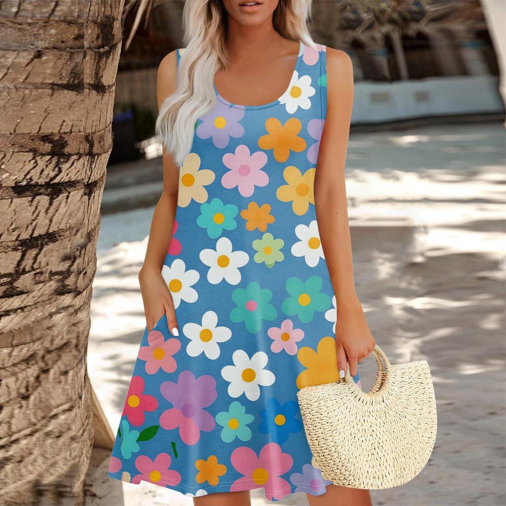 Women's Summer Floral High Waist Bohemian Dress Casual Hawaiian Flowing V Neck Holiday Dress