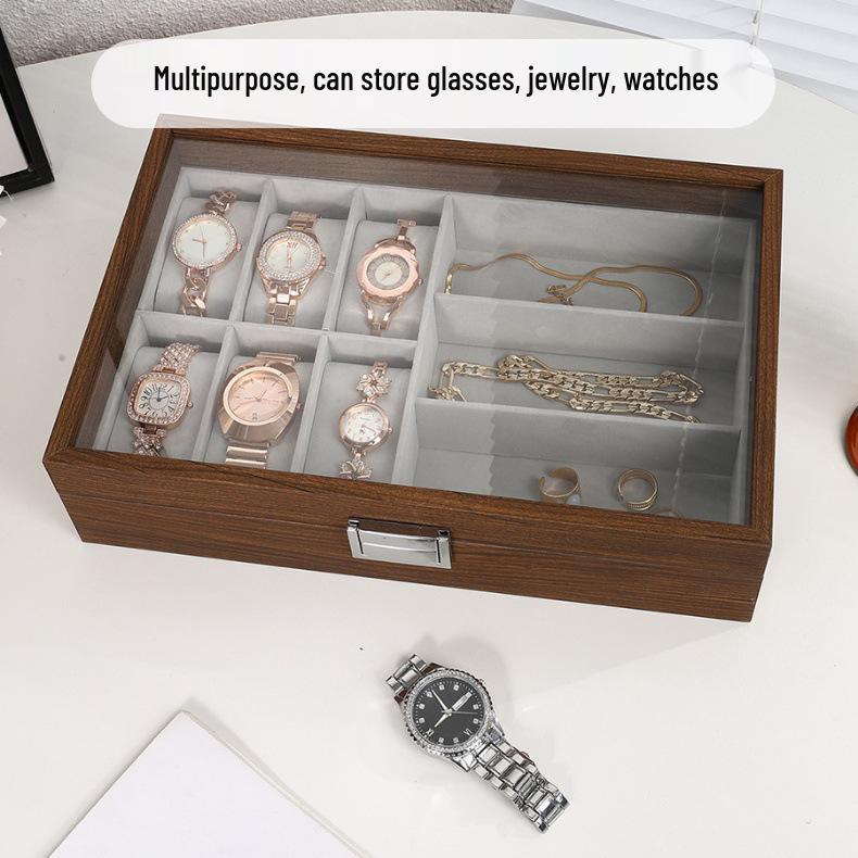 Black Walnut Wood Grain Box: Multifunctional Storage for 6 Watches & 3 Eyeglasses