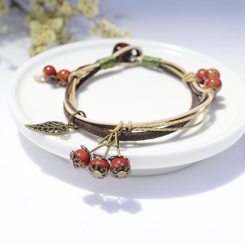 Retro cherry bracelet ceramic flower glaze leaf bracelet women's fashion ethnic style versatile accessories