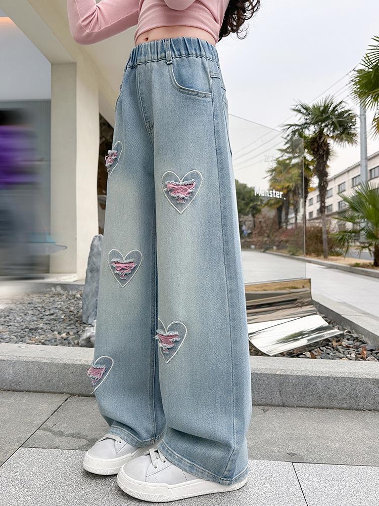 Girls' Loose Wide-Leg Jeans - Korean Style, Spring/Autumn Fashion, Casual Straight Leg Pants for Middle & Big Kids