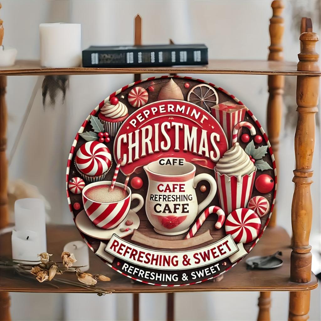 Christmas Cafe Mint Aluminum Brand - 1 piece, 8x8 inch round metal wall art, suitable for holiday decoration, suitable for home
