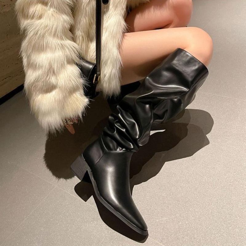 Fashion High Heels Women Pointed Toe Long Boots 2025 Winter New Pleated Comfort Shoes Elegant Fashion Pumps Classical Knee Boots Mujer