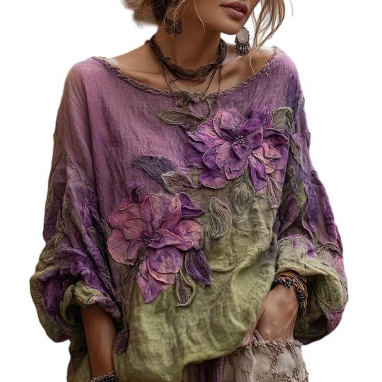 

Tops Round Neck Long Sleeve Pullover Tops Loose Fit 3D Flower Pattern Integrated Printing Shirt S