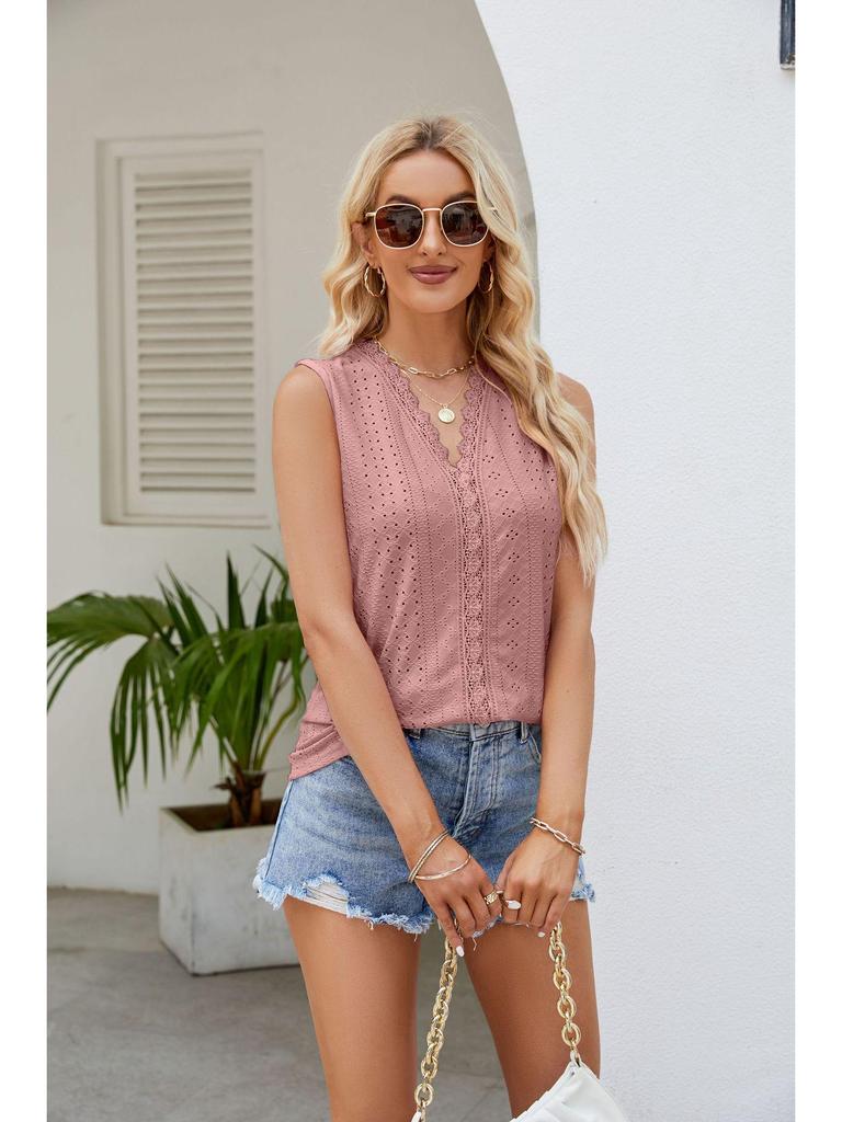 2024 Summer Women's Hollow Sleeveless V-Neck Patchwork Tank Top