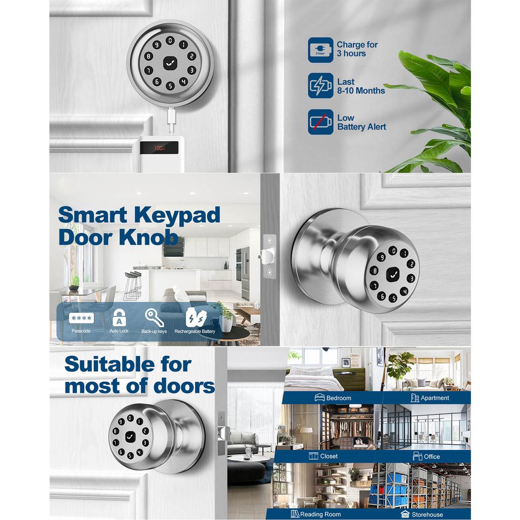 Keyless Entry Door Lock with Keypad Intelligent Door Knob Code Locks Door Knob for Indoors Bedrooms Apartments