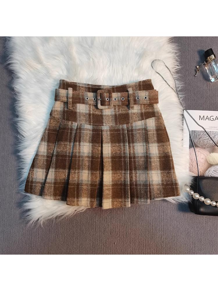 High-Waisted Plaid Woolen Pleated Skirt - Women's A-Line Autumn/Winter 2025 Academy Style