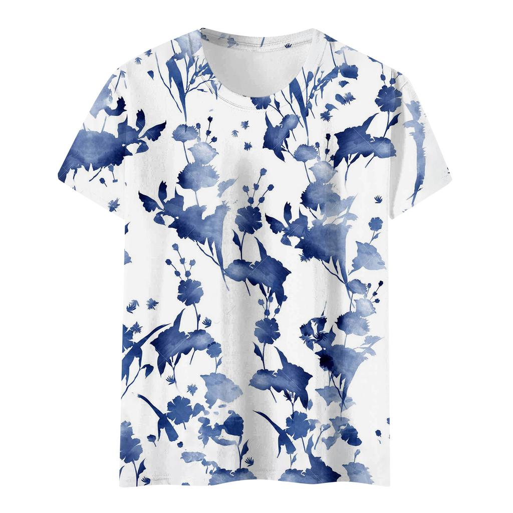 Damen-T-Shirt, Sommermode, lässig, bedruckt, kurzärmelig, mit Knöpfen, Rundhalsausschnitt, elegant, locker, quadratischer Ausschnitt, Oberteil mit Seitenschlitz