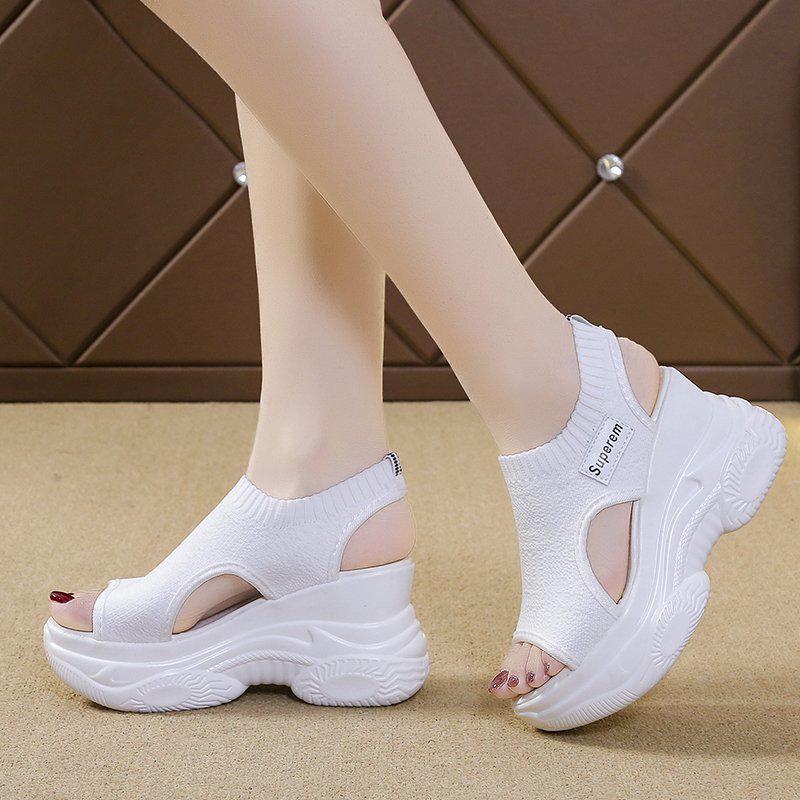 Trendy letní pletené peep-toe platformové klínkové sandály pro ženy
