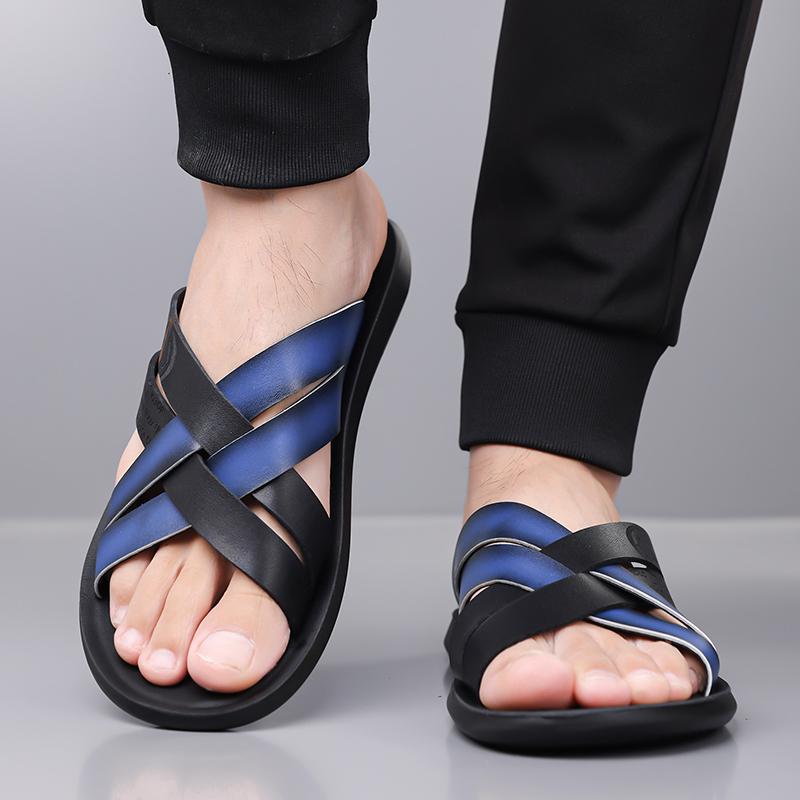 Herren Schwarz Leder Pantoffeln Handgemacht Einfache Flats Sommer Weiß Outdoor Römische Sandalen Offene Zehe Strandschuhe Übergröße
