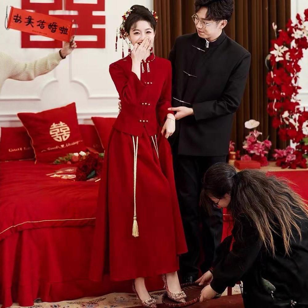Toast Bridal Burgundy Chinese Engagement Dress Back Door Casual New Small Dress Set