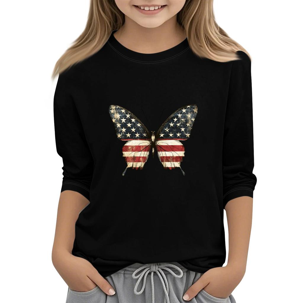 Children's Round-Neck Independence Day Three-Quarter Sleeve Casual T-shirt Top