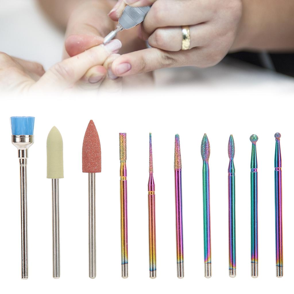 10pcs Tungsten Steel Nail Polishing Grinding Head Nail Drill Bits Dust Brush Set