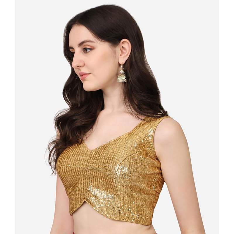 Vihu Fashion Women's Multicolor Sweetheart Neck Georgette Line Soft Sequence Zari Work Sleeves Readymade Saree Blouse (B